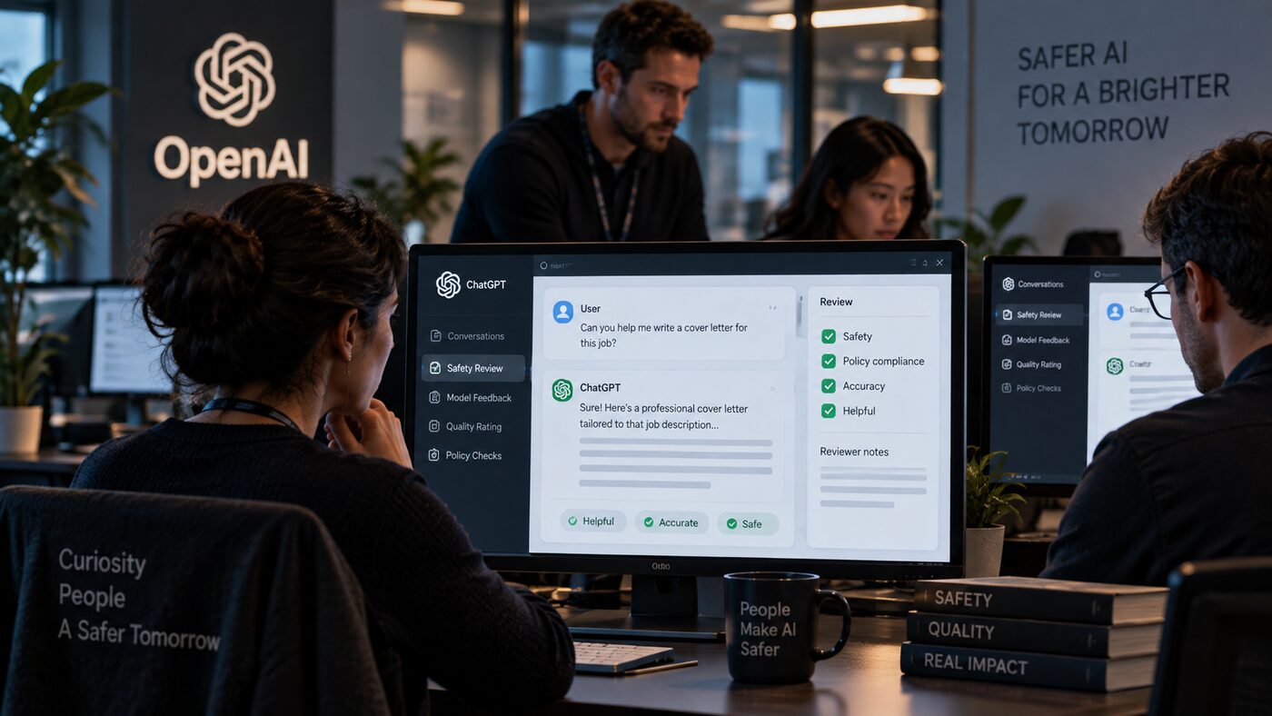 Reviewers at OpenAI reading a ChatGPT conversation on a screen and grading it for safety, accuracy, and helpfulness