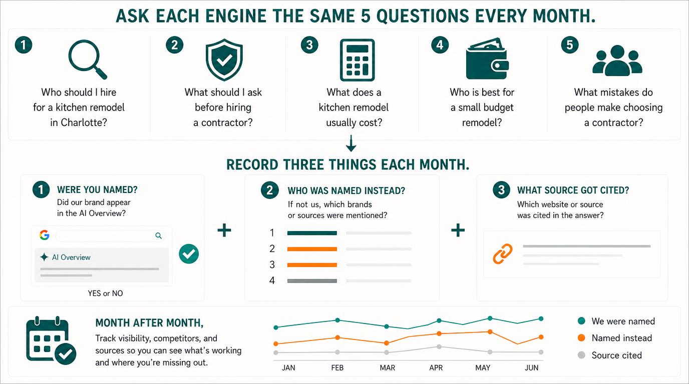 Ask each engine the same five questions every month, then record three things: whether you were named, who was named instead, and what source got cited