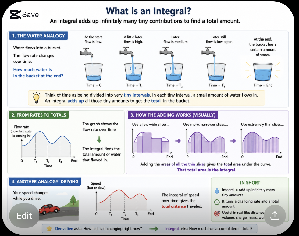 ChatGPT's real generated infographic titled 'What is an Integral?' showing the water-bucket analogy, the rate-to-total graph, and the thin-slices visualization