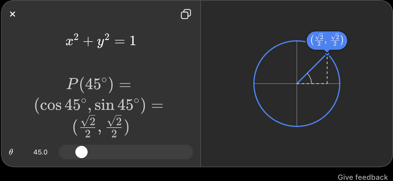 ChatGPT's real interactive unit circle visualization, showing the point P(45°) at coordinates (√2/2, √2/2) on the circle x² + y² = 1