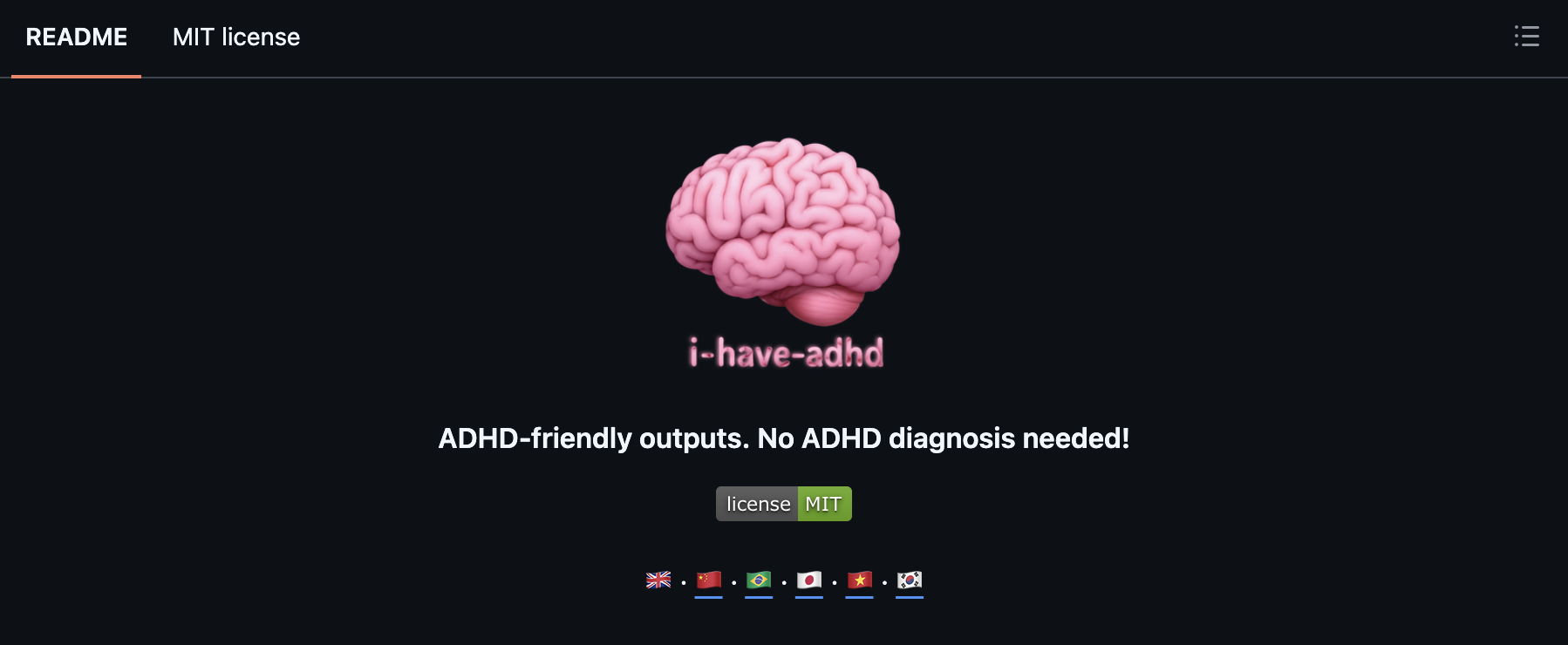 The project's real README banner reading 'ADHD-friendly outputs. No ADHD diagnosis needed!'