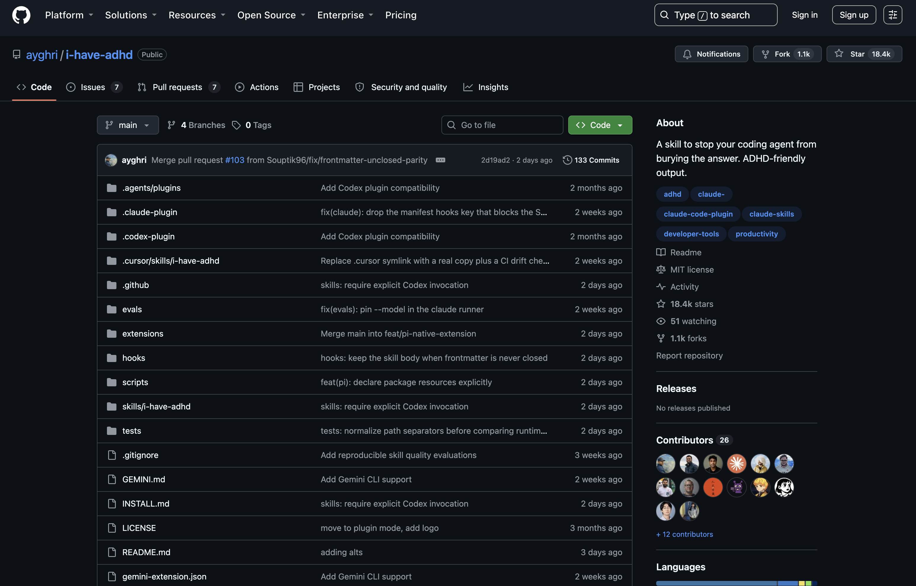 The real i-have-adhd GitHub repository page, showing 1.1k forks and 18.4k stars