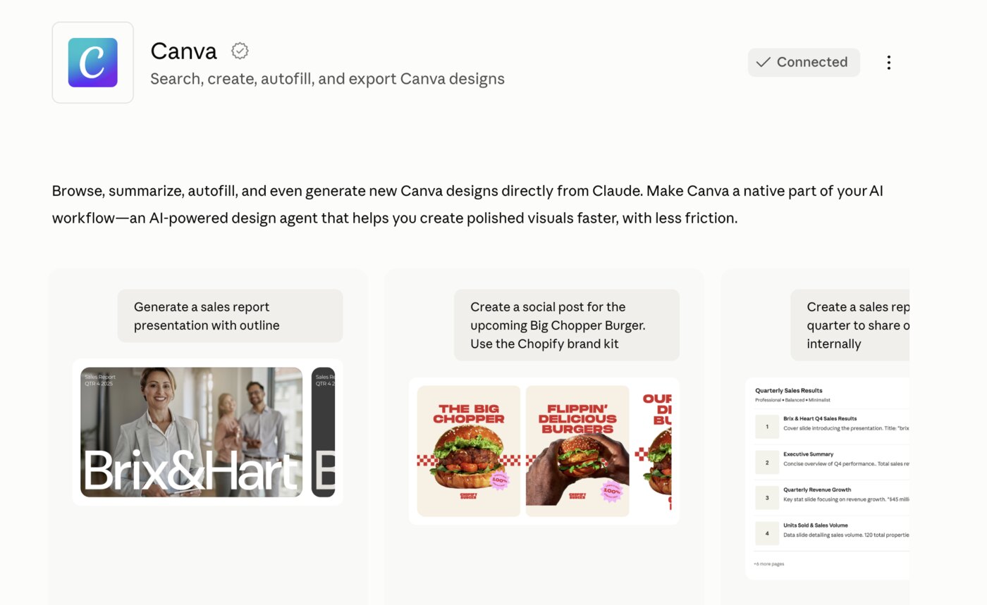 Canva’s card inside Claude, showing Connected, with example designs it can make