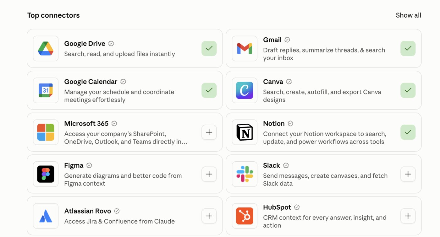 The Top connectors grid inside Claude, with Google Drive, Gmail, Google Calendar, Canva, and Notion already connected