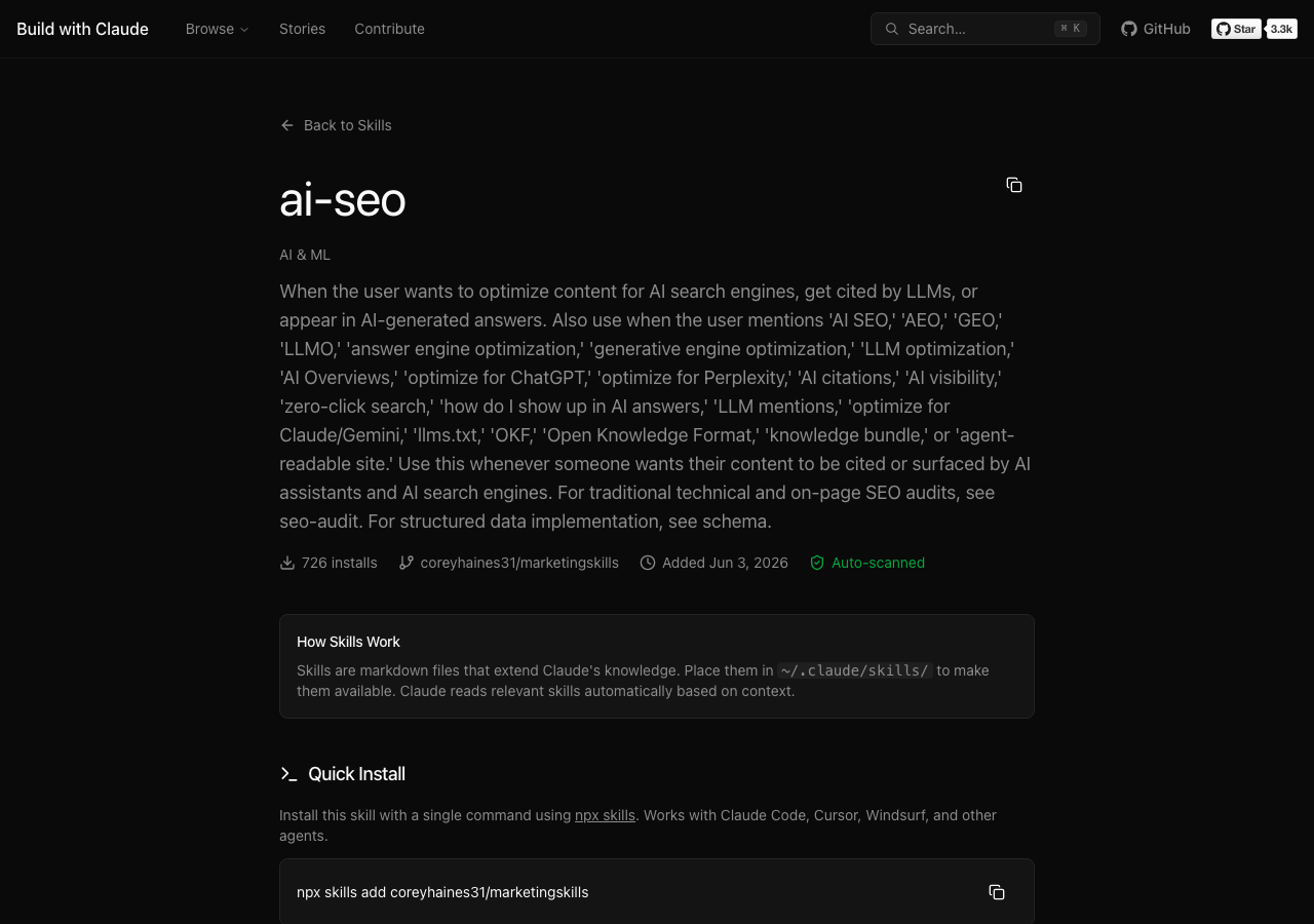 The real AI SEO skill page on buildwithclaude.com, 726 installs, showing what it triggers on: AI Overviews, ChatGPT citations, GEO, and more