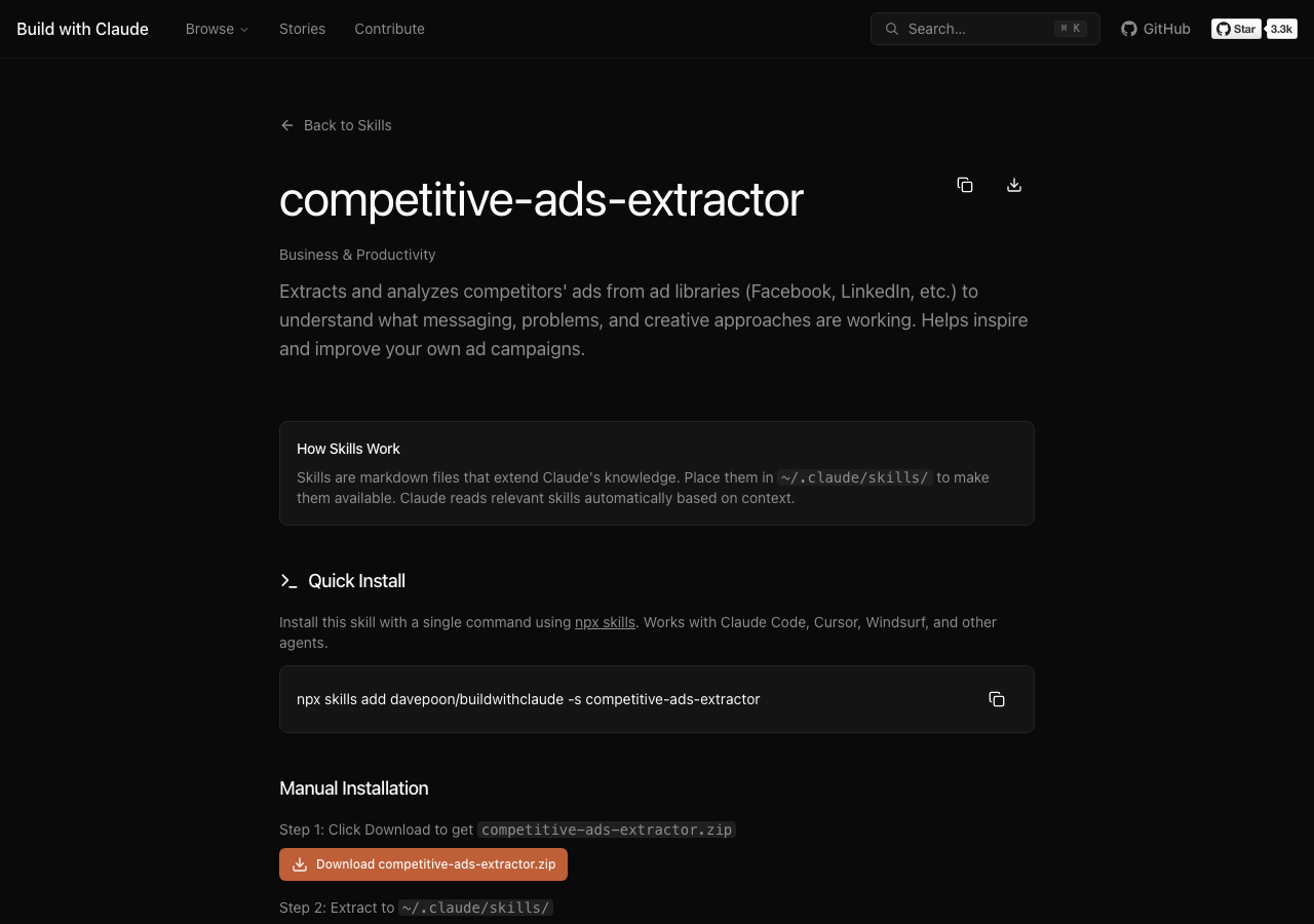 The real Competitive Ads Extractor skill page on buildwithclaude.com, showing the one-command install and how skills work