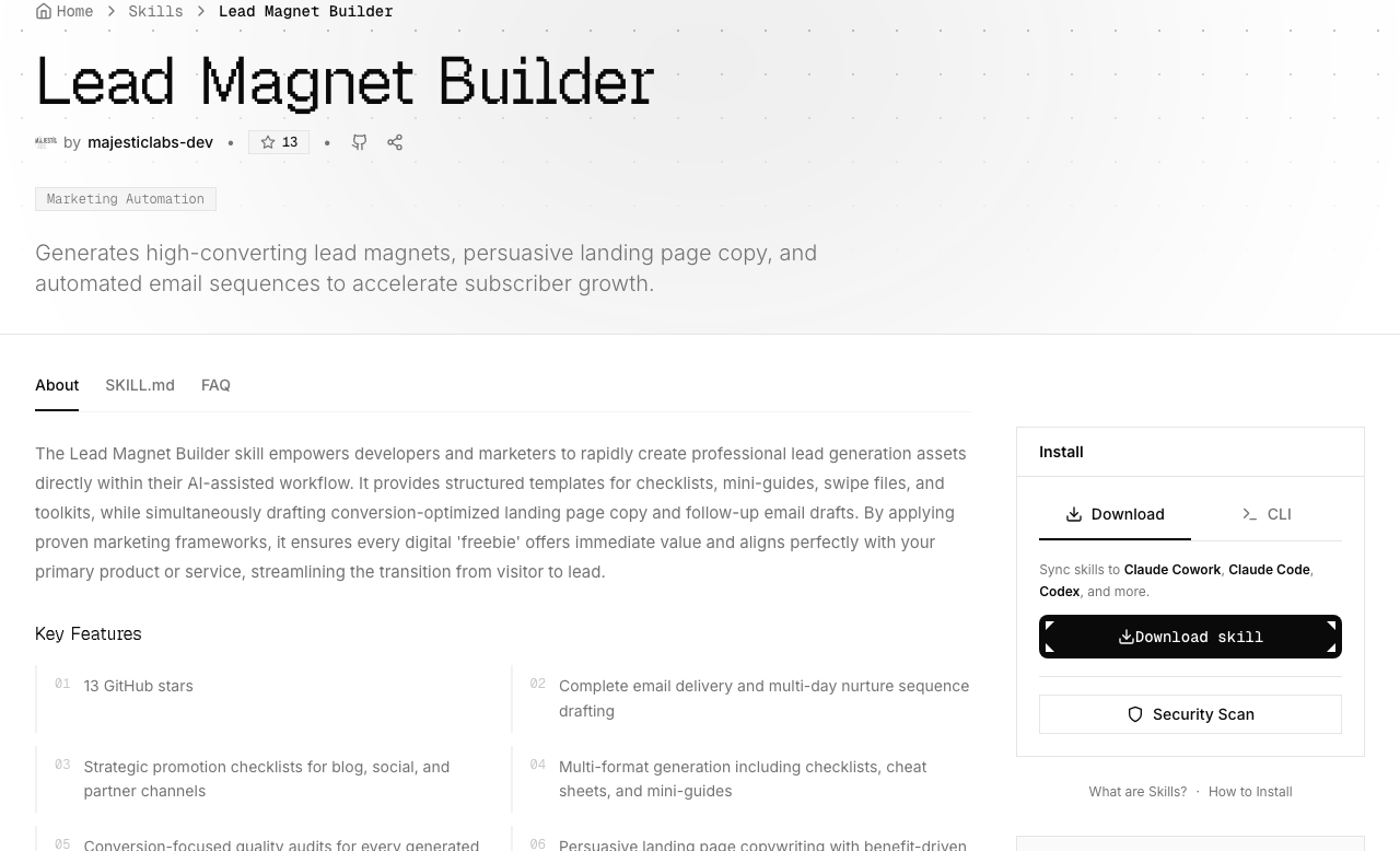 The real Lead Magnet Builder skill page on mcpmarket.com, showing the key features: multi-format generation, email nurture sequences, and landing page copy