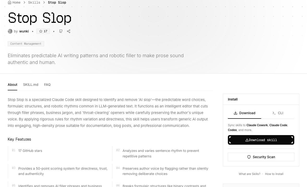 The real Stop Slop skill page on mcpmarket.com, showing its 50-point scoring system for directness, trust, and authenticity