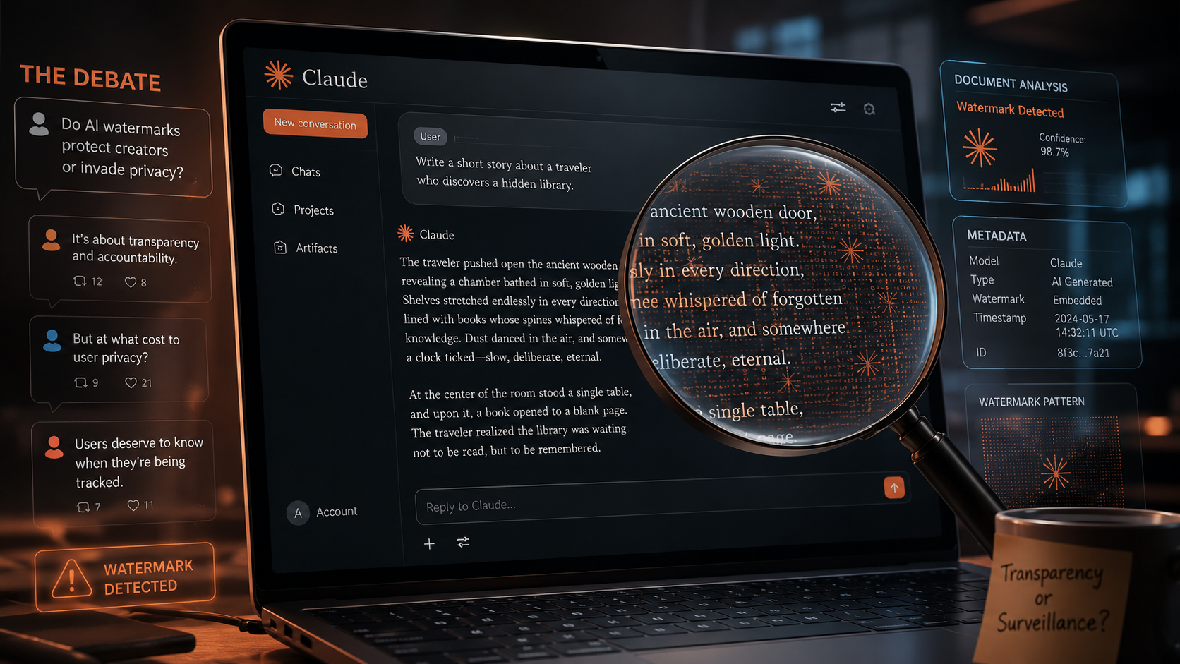 An illustration of the online debate over Claude's watermark, showing argument bubbles about transparency versus privacy alongside a mocked-up detection readout claiming 98.7% confidence