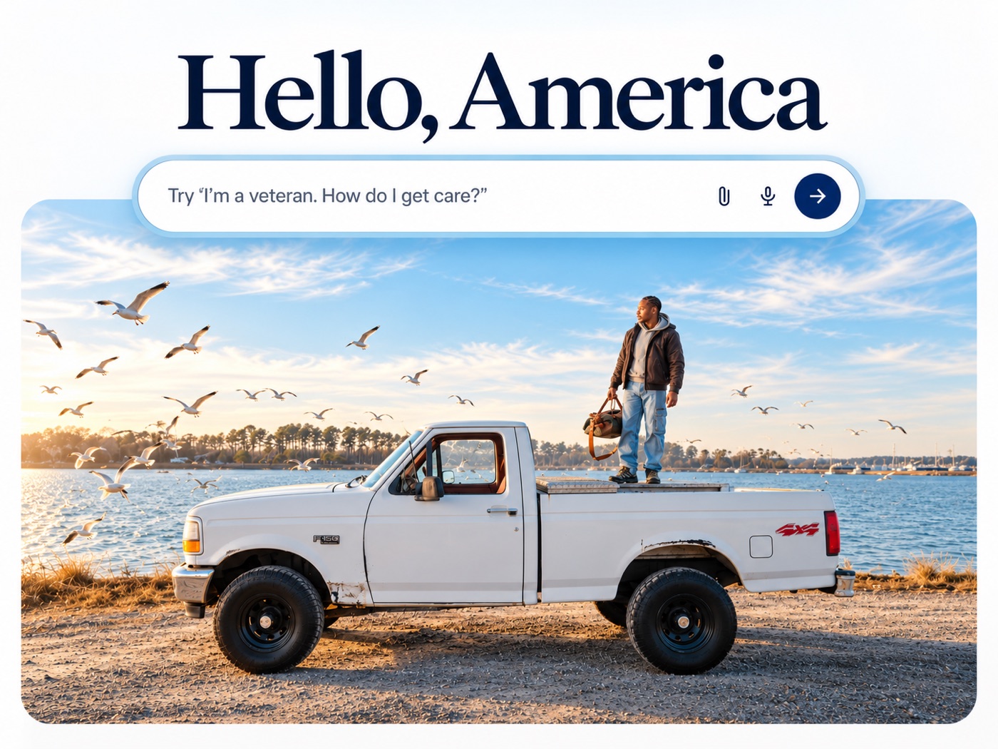 The America.gov home screen: Hello, America, with a question box that says Try I’m a veteran. How do I get care?