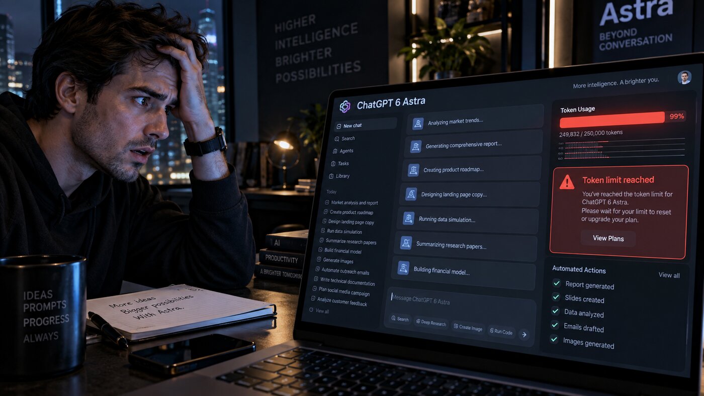 Someone at a laptop late at night as ChatGPT-6 Astra shows a token limit reached warning