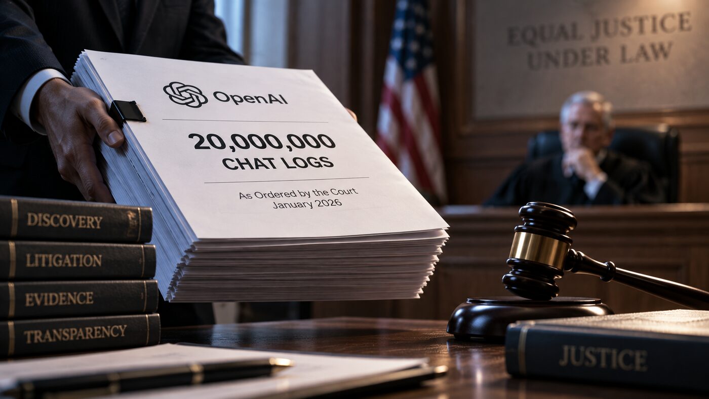 A courtroom scene with a stack of ChatGPT conversations being handed over as evidence