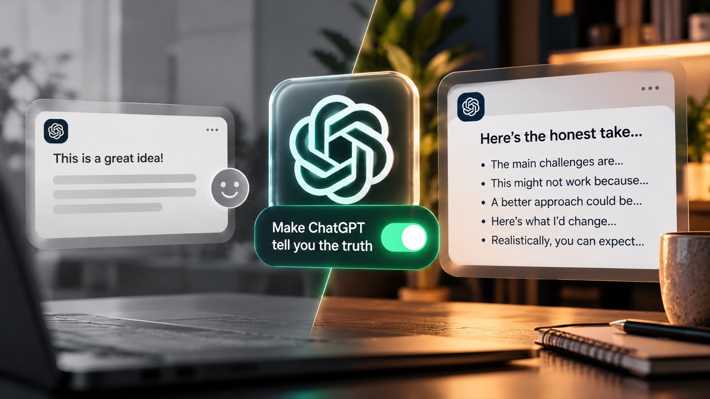 Two ChatGPT answers side by side: one says This is a great idea, the other says Here’s the honest take, with a switch between them labeled Make ChatGPT tell you the truth