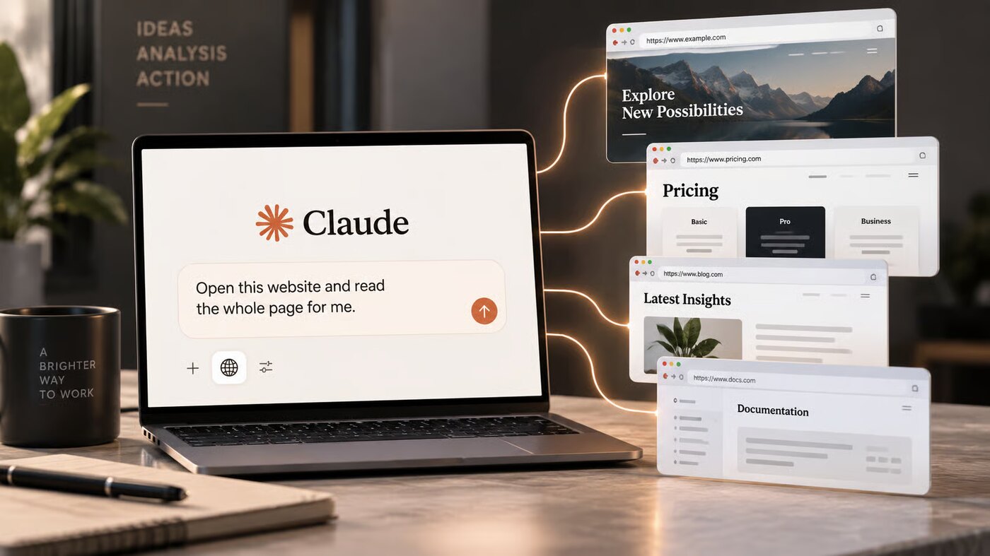 A laptop running Claude with the request Open this website and read the whole page for me, and four website windows floating beside it
