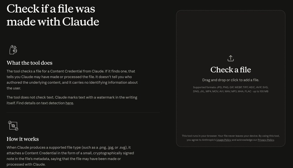 Anthropic's Check if a file was made with Claude page