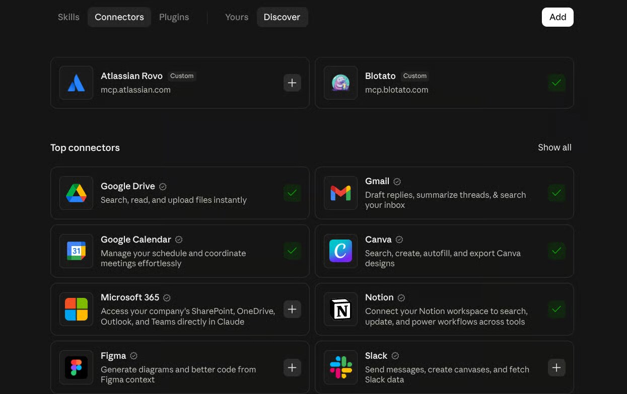 The Connectors menu inside Claude: the Top connectors grid with Google Drive, Gmail, Canva, and Notion connected