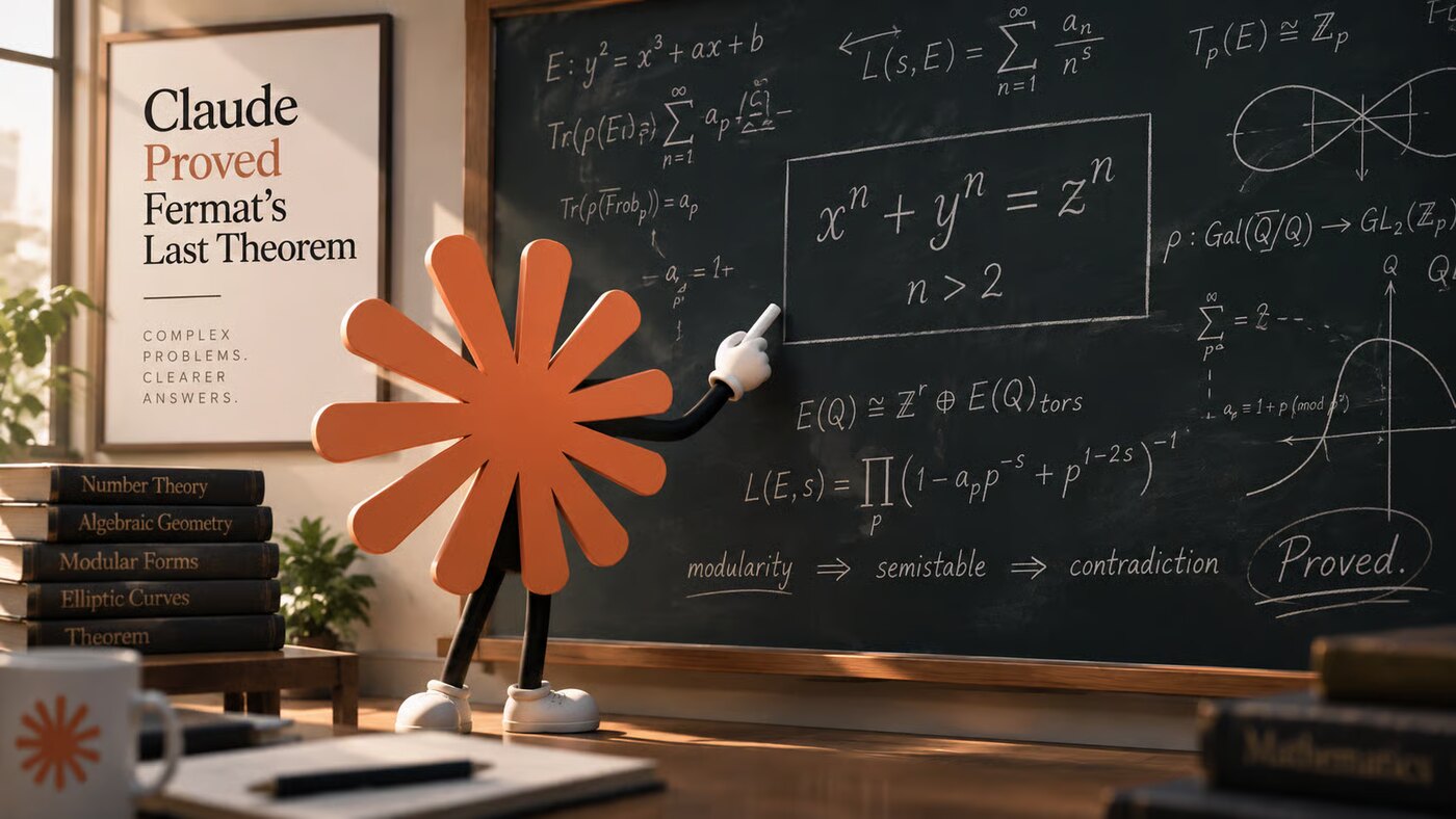 Claude at a blackboard covered in the math behind Fermat’s Last Theorem, with Proved circled