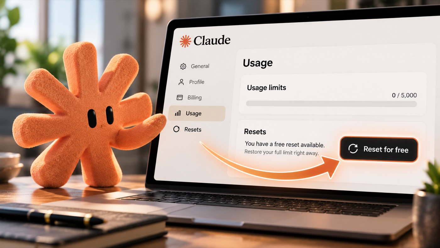 Claude’s Usage settings on a laptop, with an arrow pointing at the Reset for free button under Resets