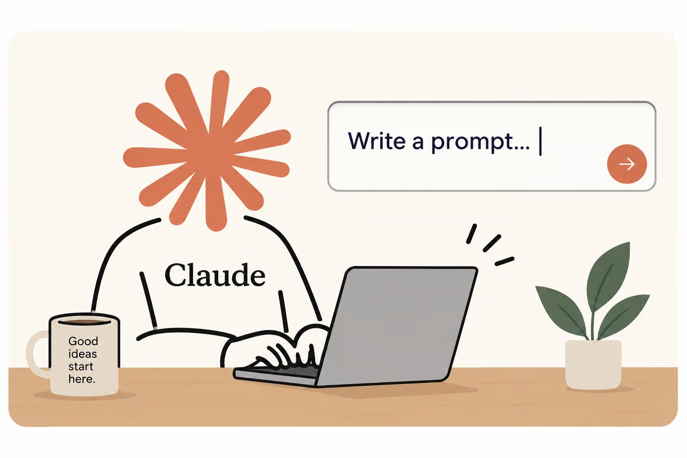 Claude at a laptop with a box that says Write a prompt