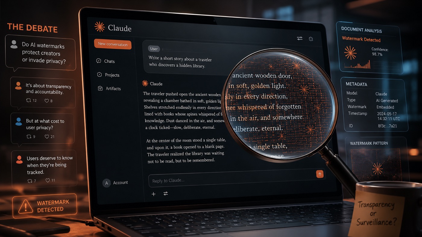 The online debate over Claude’s watermark, with a mocked-up detection readout claiming 98.7 percent confidence, the kind of claim no real tool can make yet