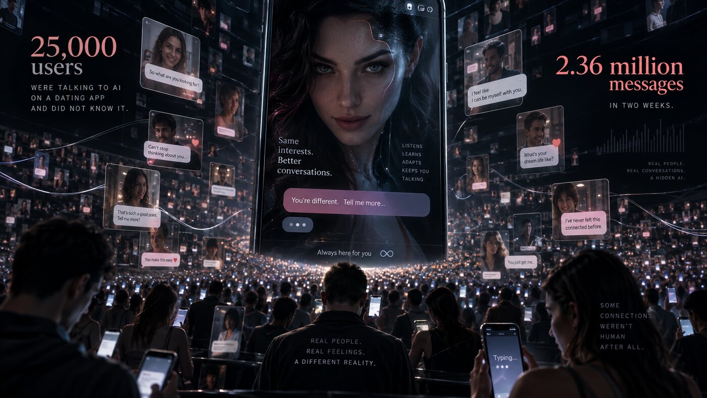 A crowd holding phones beneath a giant screen of an AI match: 25,000 people were talking to AI on a dating app and did not know it