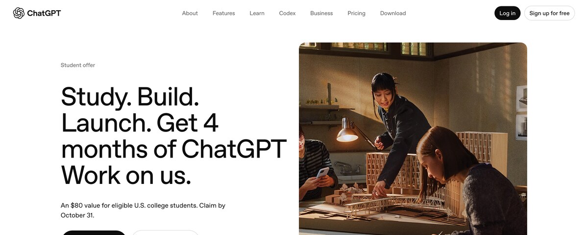 The ChatGPT student offer page: four months of ChatGPT on us, an $80 value, claim by October 31