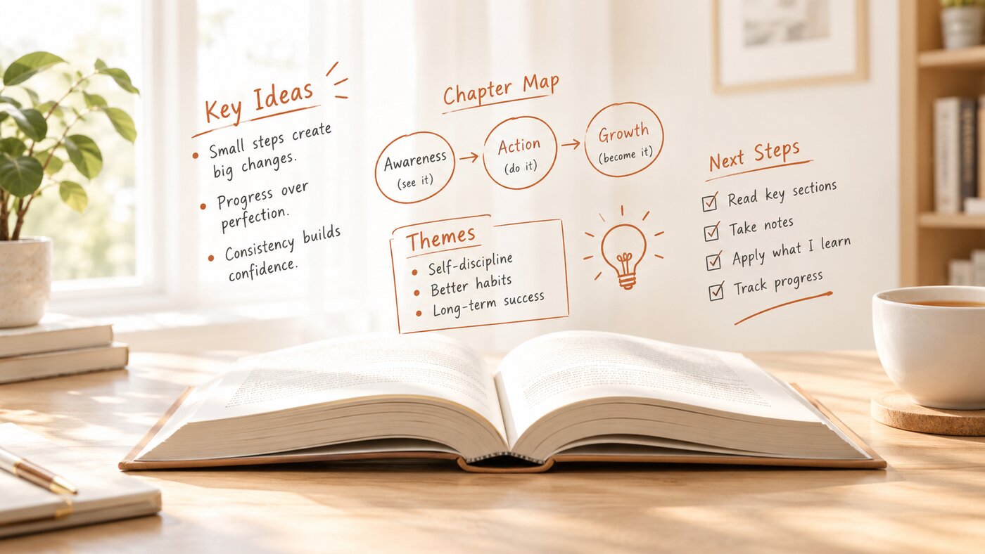 An open book on a sunny desk with hand-drawn study notes floating above it: Key Ideas, a Chapter Map, Themes, and Next Steps