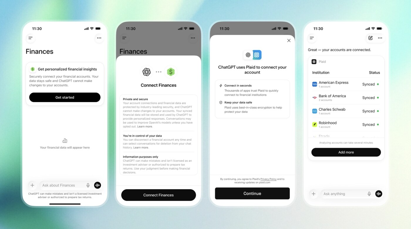 Four ChatGPT phone screens showing how Finances connects: Get started, the Connect Finances privacy notes, the Plaid sign-in, and a list of synced bank accounts