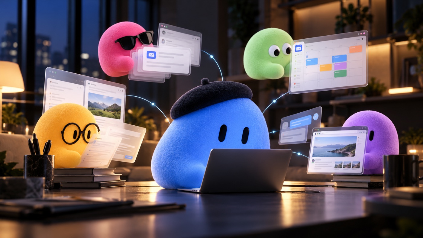 Five fuzzy Dot characters around a laptop, with floating email, calendar, and photo windows connected to them