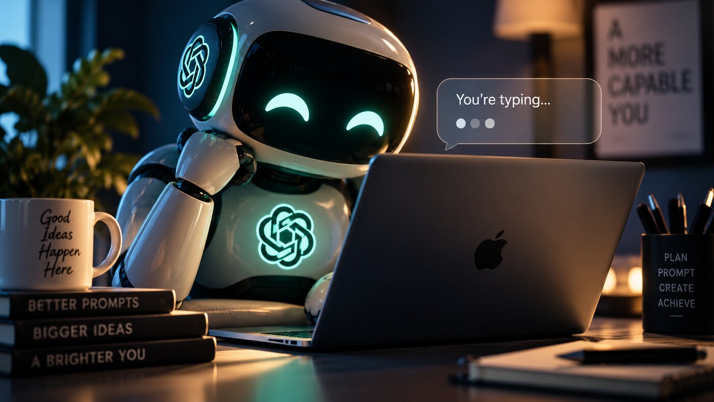 A robot watching over someone’s shoulder as they type into ChatGPT