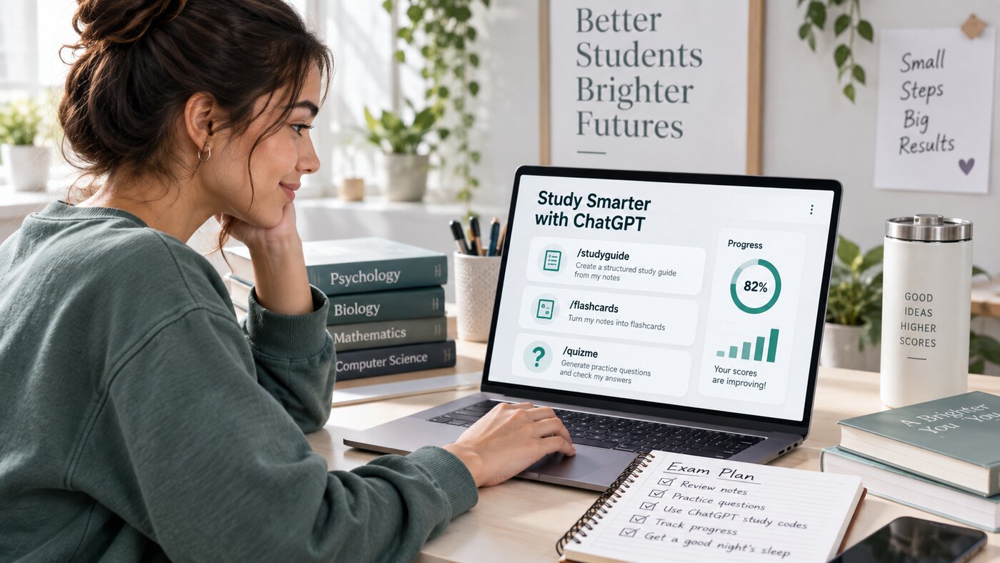 A student’s screen with ChatGPT study codes turning a topic into notes, quizzes, and a study plan